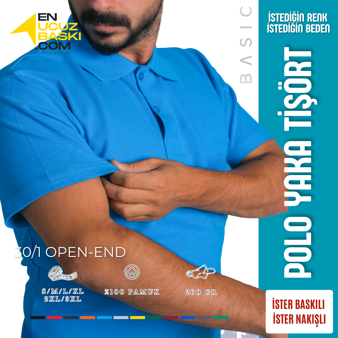 Baskılı Polo Yaka Tişört Basic Turkuaz