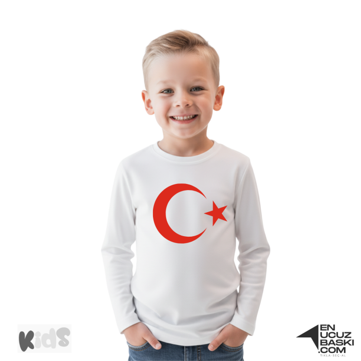 Sıfır Yaka Tişört Çocuk Uzun Kollu Beyaz